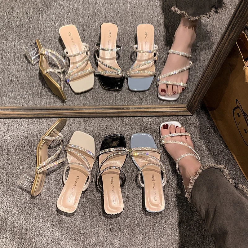 Diamond sandals womens shoes summer trend square toe crystal heel slider simple shiny skiing vacation 250228