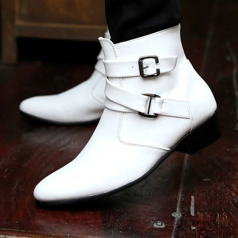 Luxury Leather Chelsea Boots Men Designer White Dress Boots Men Casual High top Buckle Strap Formal Shoes Men Motorcycle Boots Z250303