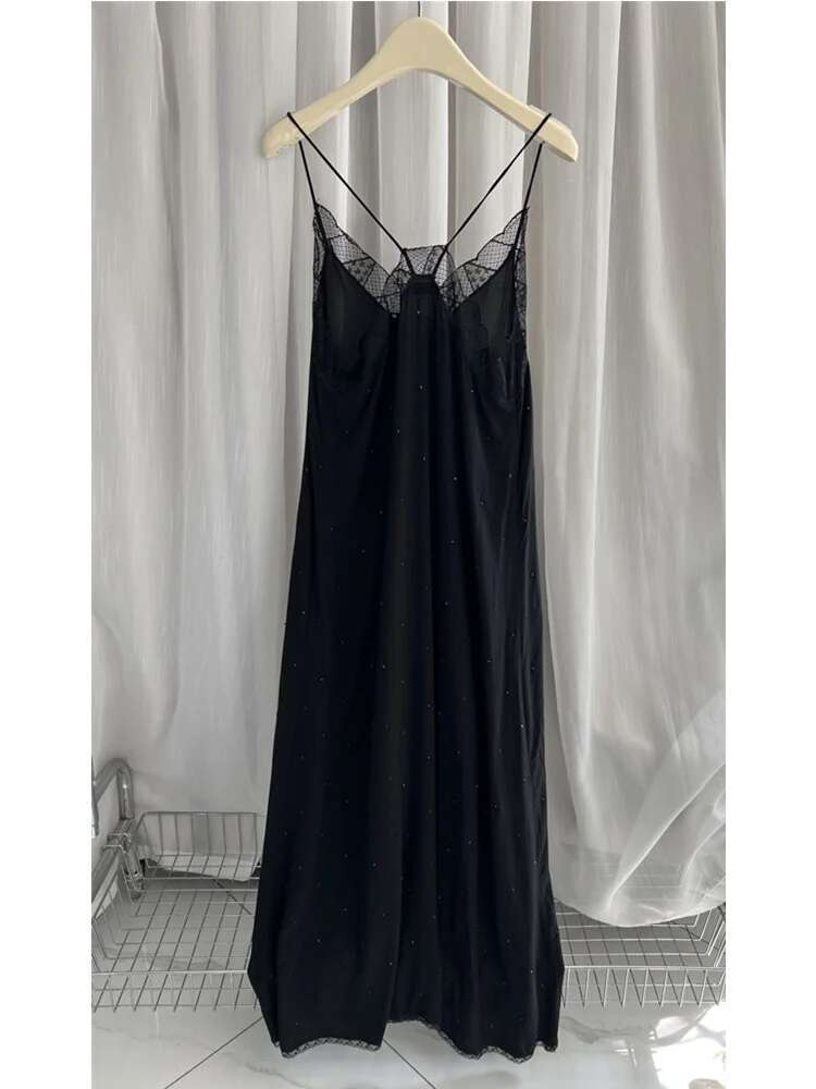 Women Lace Ing Camisole Dress 100% Viscose Hot Rhie Decoration Lady Sleeveless Black Jacquard Sg Long Robe