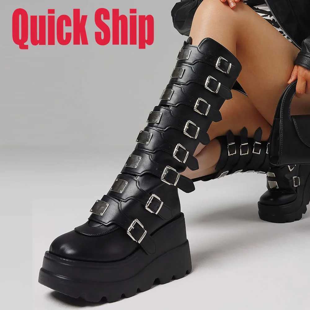 Punk Gothic Womens Knee High Boots Round Toes Multi metal Buckle Zipper Motorcycle Boots Nightclub Christmas Shoes Z250303