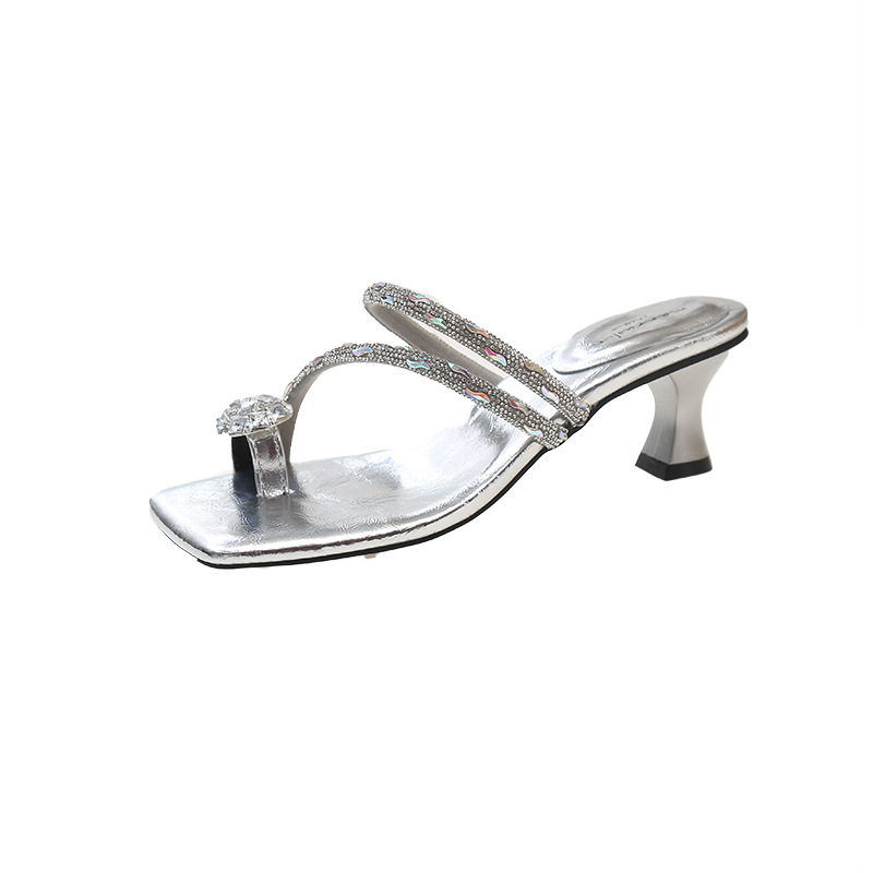 Free shipping designer slippers for womens Low heeled slippers sliver purple black New Summer Fashion Coarse Heel Water Diamond Cold Slippers