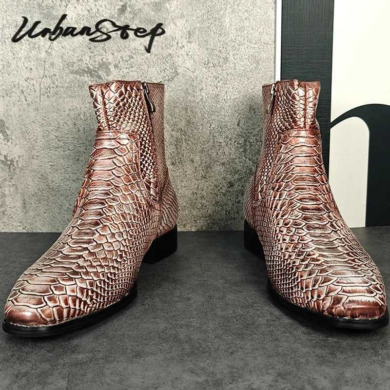 Luxury Brand Men Chelsea Boots Zip Snake Print Casual Mens Dress Shoes Wedding Party Real Leather Winter Ankle Boots Men Z250303
