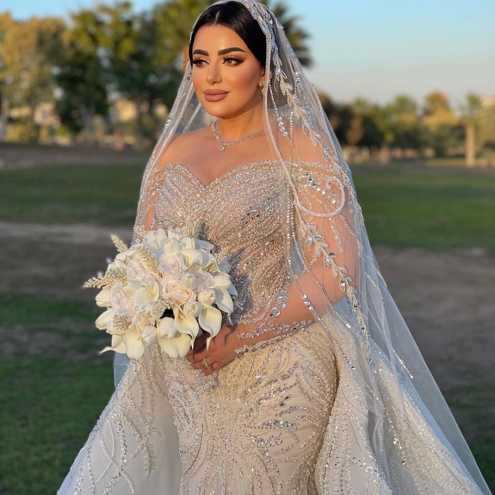 Mermaid Wedding Dress Sweetheart Neck Long Sleeves Bridal Gowns Sequins Lace Detachable Train Dresses Custom Made vestidos de novia