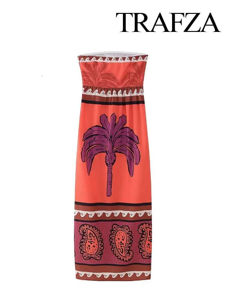 TRAFZA 2024 Summer New Satin Patchwork Print Chic Sleeveless Backless Strapless Women's Resort Style Zipper Dress