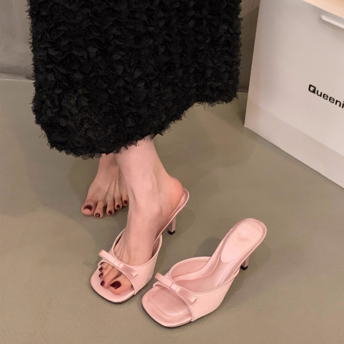 new free shipping designer sandals for womens Fine heeled sandals pink black sliver leopard print Summer new square headed fairy bow high-heeled slipp