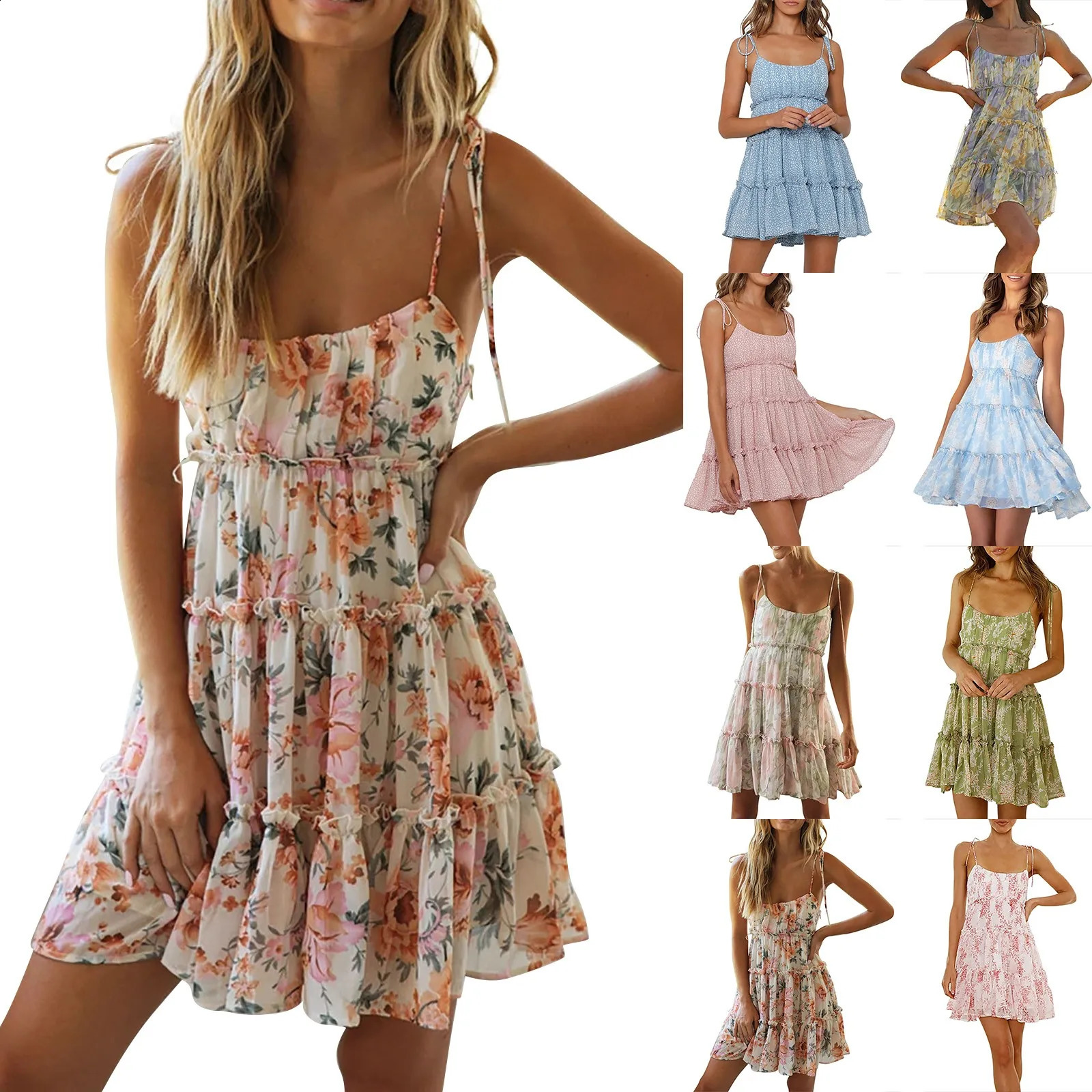 Womens Floral Spaghetti Strap Summer Casual Dress Bohemian Style Beach Fashion Sexy Daily Wear Short Skirts Clothing 250227Z