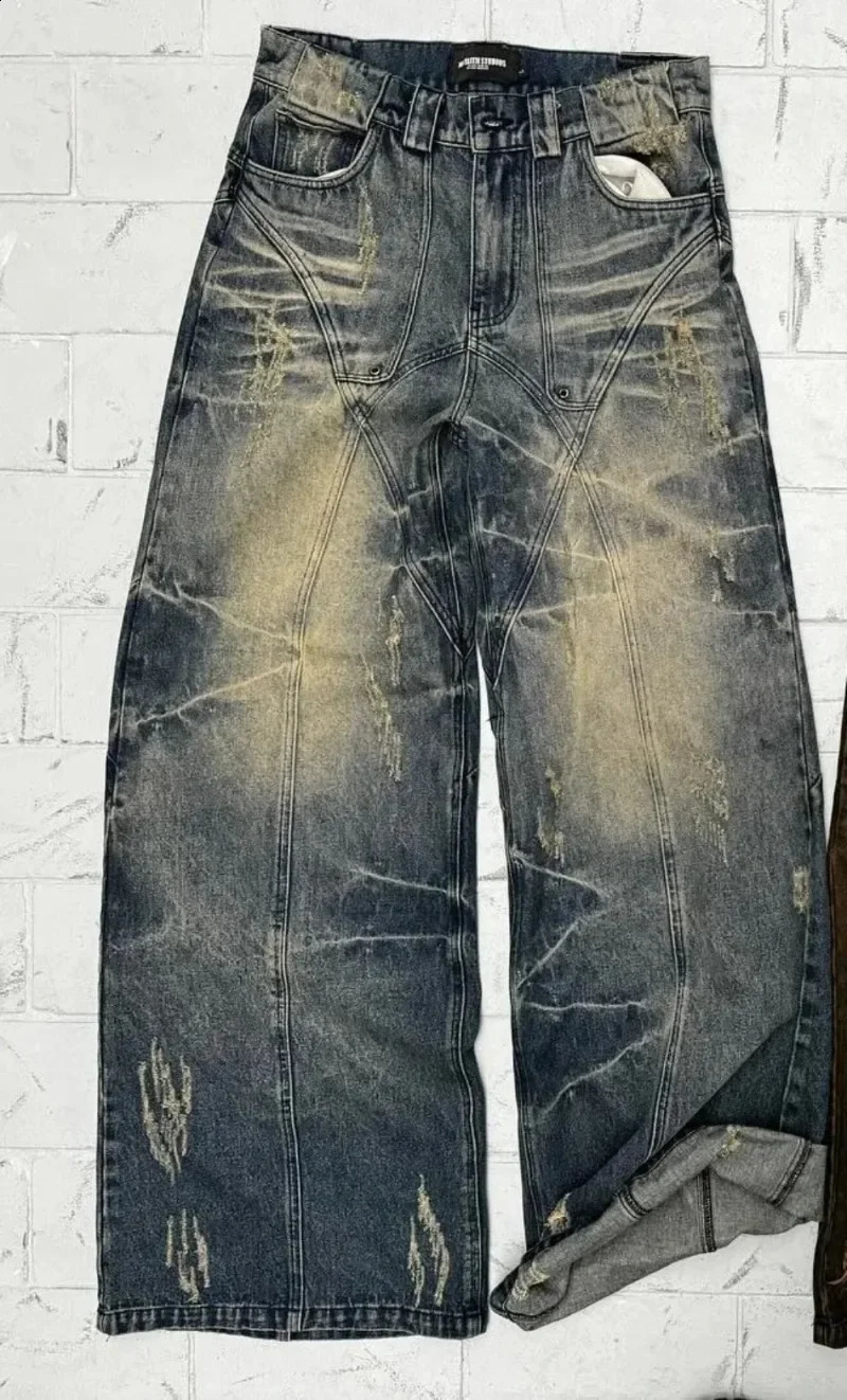 2000s Harajuku Pants Fashion Ripped Washed Loose Jean Retro Hiphop Goth High Waisted Wide Leg Denim Trousers 250211