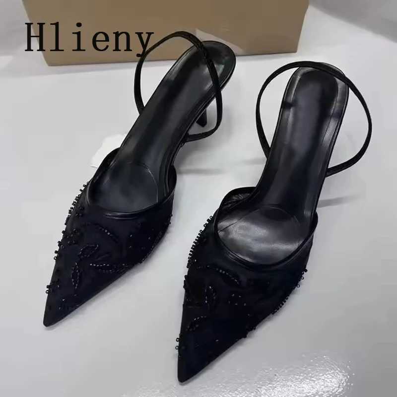 Hlieny Woman Designer Embroidery Flowers Mesh Pointed Toe White High Heels Mules Sandals Women Pumps Shoes Sexy Stilettos Woman Y250303
