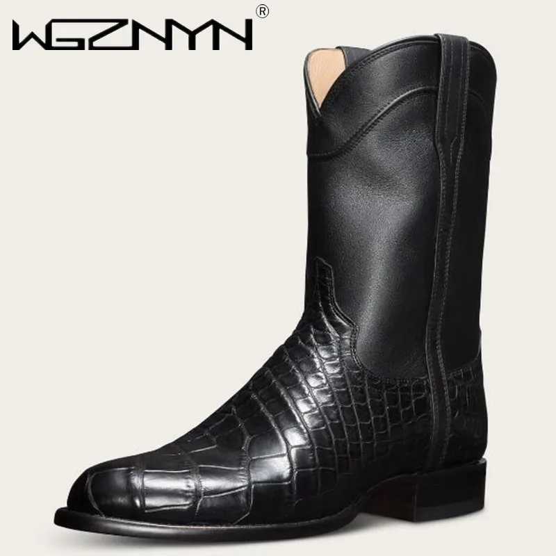 Luxury Mens Classic Punk Goth Pattern Ankle Boot Designed Men Shoes Wide Toe Western Cowboy Pointed Working Boots for Men Z250303