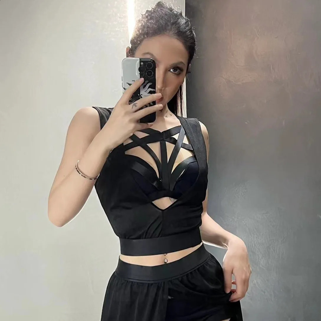 Goth Club Mesh Sexy Summer Corsets Skirt Set Women Sleeveless Black Crop Bra Top Bandage Underpants Slit Skirt 4pcs Sets 250228