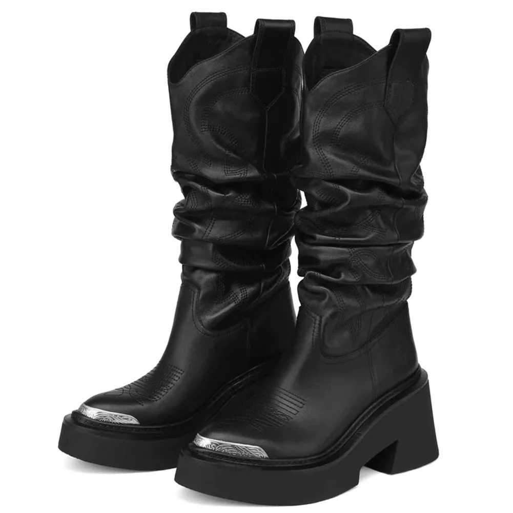 Luxury brand motorcycle womens calf boots platform short and fat high heels Gothic metal punk shoes womens winter comfortable design boots Z250303