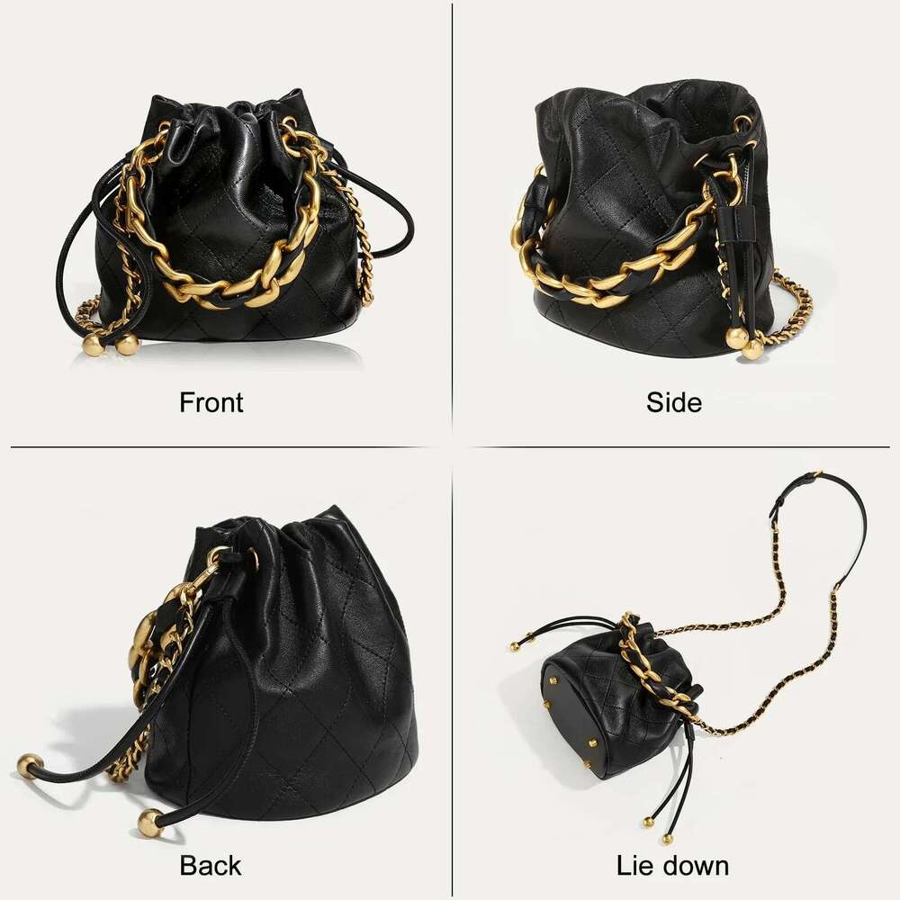 Genuine Leather Quilted Drawstring Bucket Bag Women With Chain Strap Crossbody Handbag For Commuting Christmas Gift