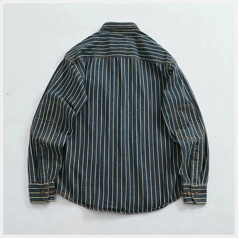 Heavy duty vertical striped cargo denim shirt mens old washed cotton elbow sticker fabric lapel long sleeved jacket 250226