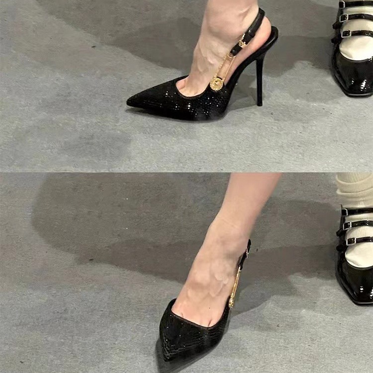 Black Rhinestone High For Women In 2023, New Pointed Thin Heels With Metal One Line Buckle, Socialite Banquet Headband Sandals