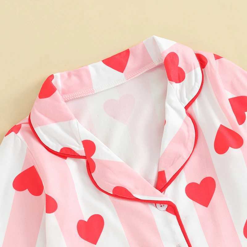 Kids Girls Valentine Pajamas Sets Striped Heart Print Button Long Sleeves Shirt and Elastic Pants Loungewear SleepwearT250303