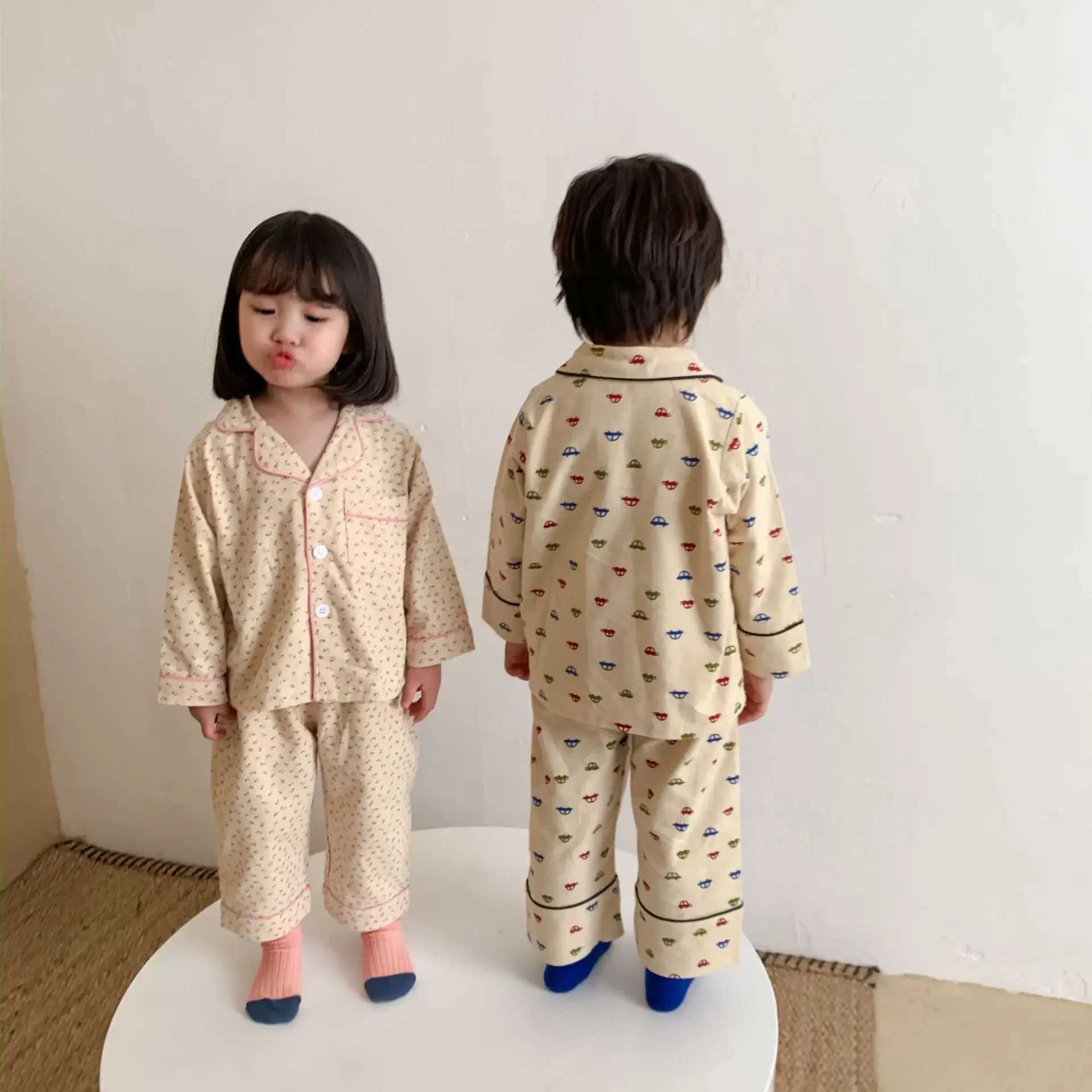 Children Turndown Collar Pajama Sets Toddler Kids Cartoon Cute Cotton Pyjamas Set Cardigan Sleepwear Childrens ClothingT250304