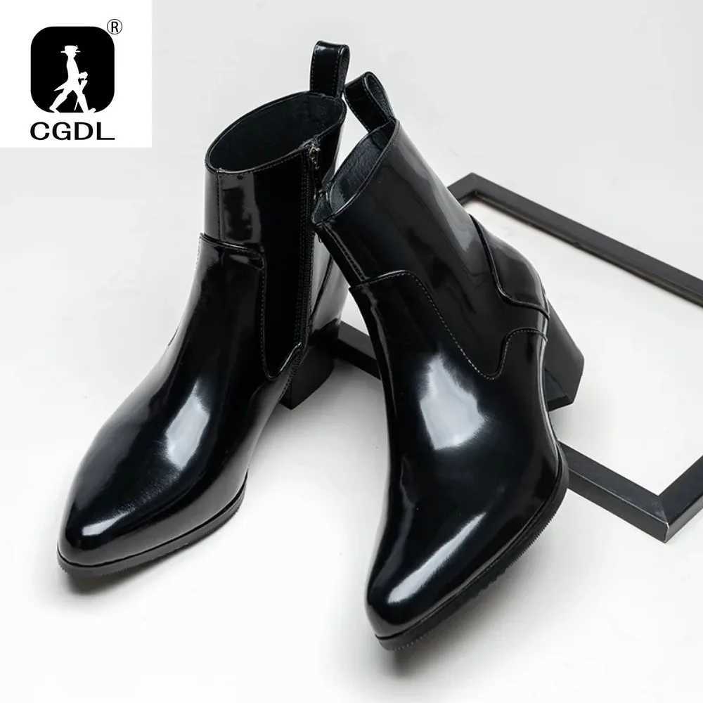 Patent Leather Mens Platform Boots with Heels Luxury Real Cow Leather Winter Warm Shoes Increase Height 5 Cm Side Zip No Laces Z250303