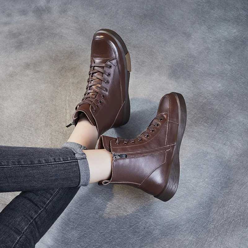 DRKANOL Women Genuine Leather Short Boots Round Toe Genuine Leather Handmade Street Style Winter Warm Flats Ankle Boots Z250303