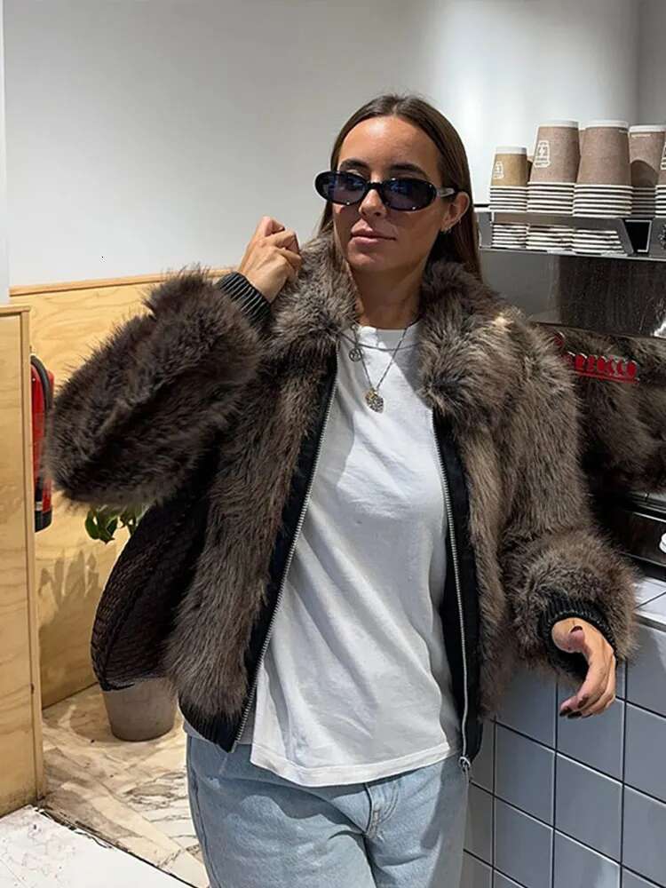 Retro Zipper Faux Fox Fur Short Coats Women Casual Loose Long Sleeved Jackets Female Autumn Winter Chic High Street Outwear Tops
