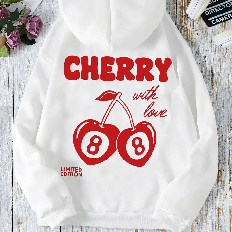 Cherry Print LongSleeved Sweater Women Spring Autumn Drawstring Hoodie Casual Vintage Ladies Basic Wear Hooded Tracksuit Tops 250303