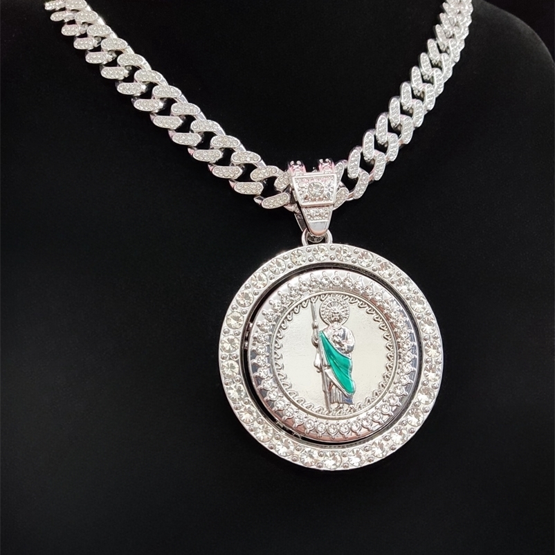 Hip Hop Saint Jude Pendant Necklace Men Women Cuban Chain Iced Out Bling Cuban Necklaces HipHop Jewelry Fashion Gift 250228
