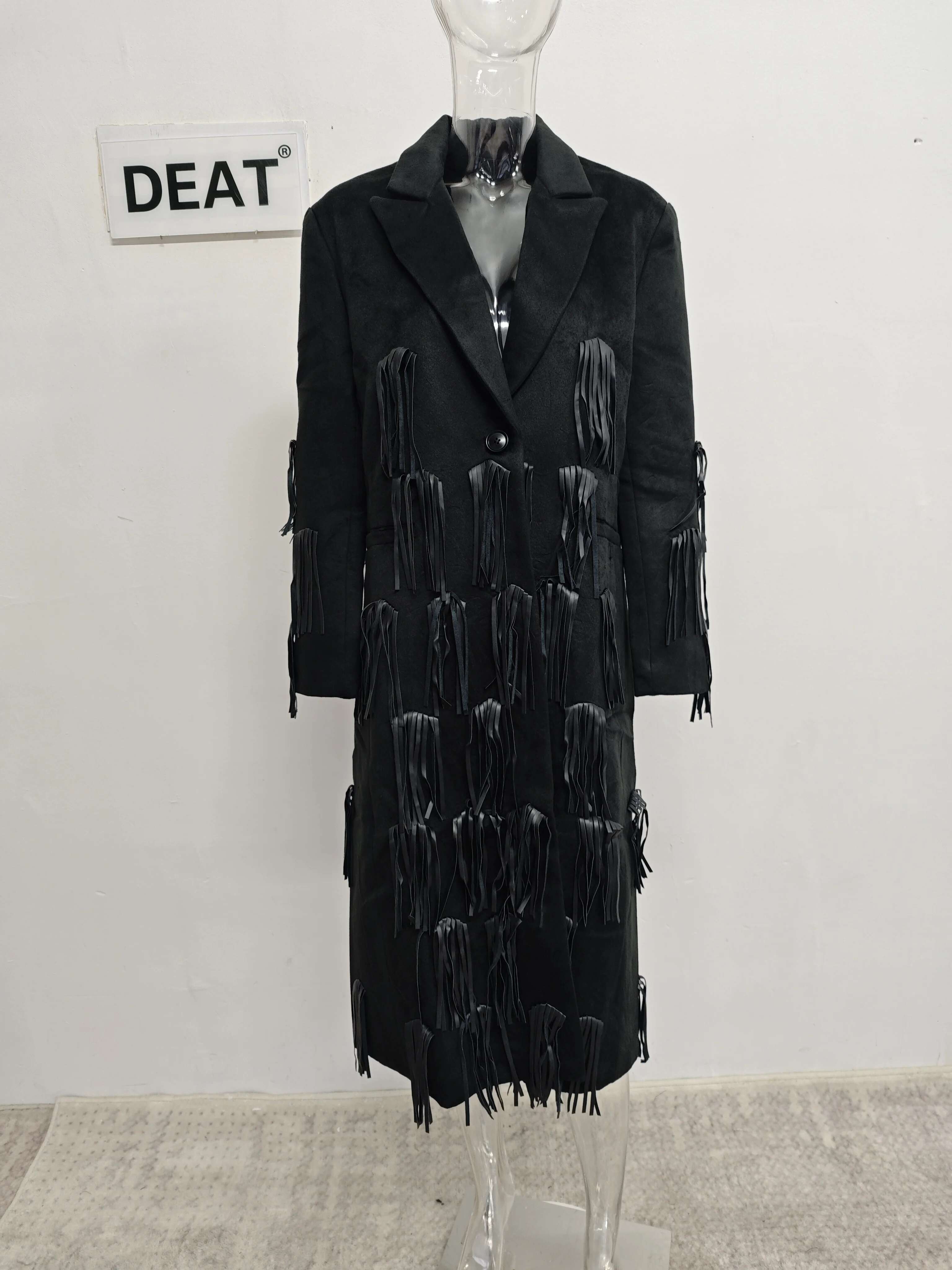 DEAT Women Blazer Coat Lapel Single Breasted Full Sleeve High Waist Loose Tassel Solid Color Elegant Outwear New 2024 15Kb5680