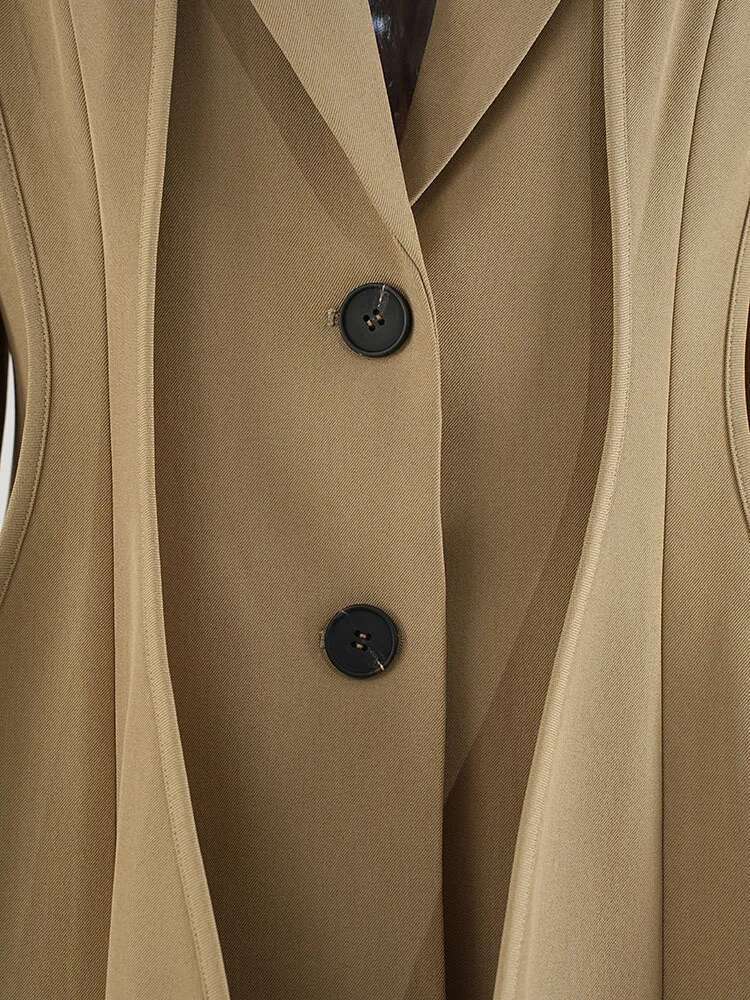 EAM Khaki Big Pleated Personality Blazer Women New Lapel Long Sleeve Loose Fit Jacket Fashion Tide Spring Autumn 2024 Cpdb255