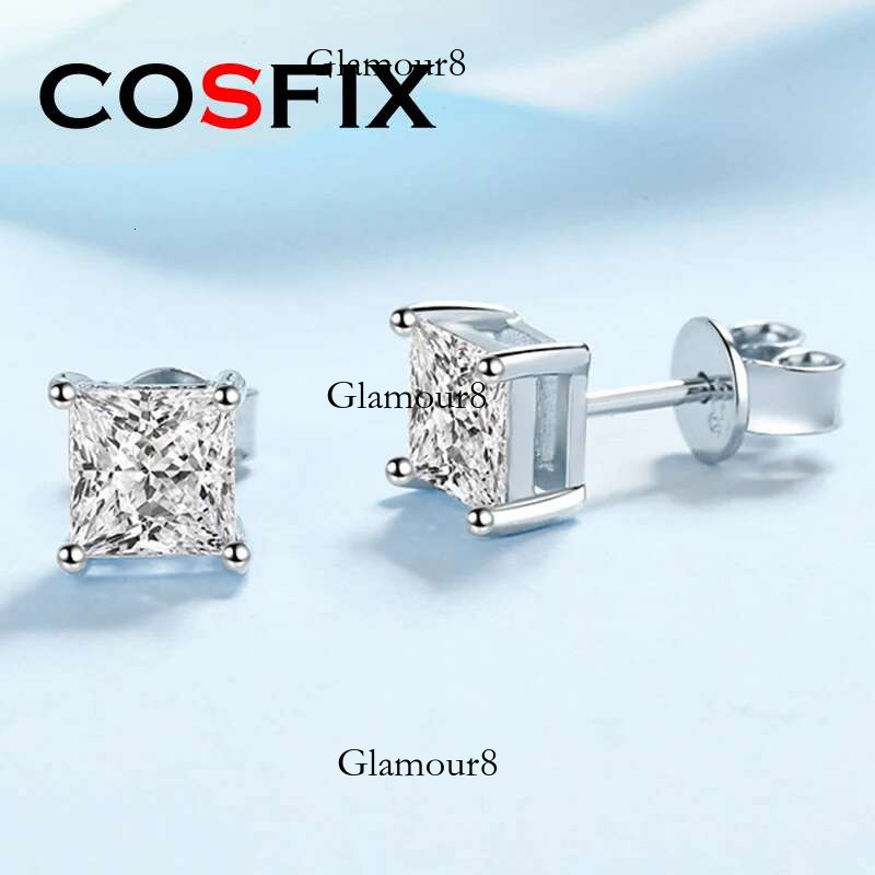 Princess Cut 2CT Dia Test Passed Rhodium Plated Sier D Color Moissanite Stud Earrings Jewelry Couple Gift