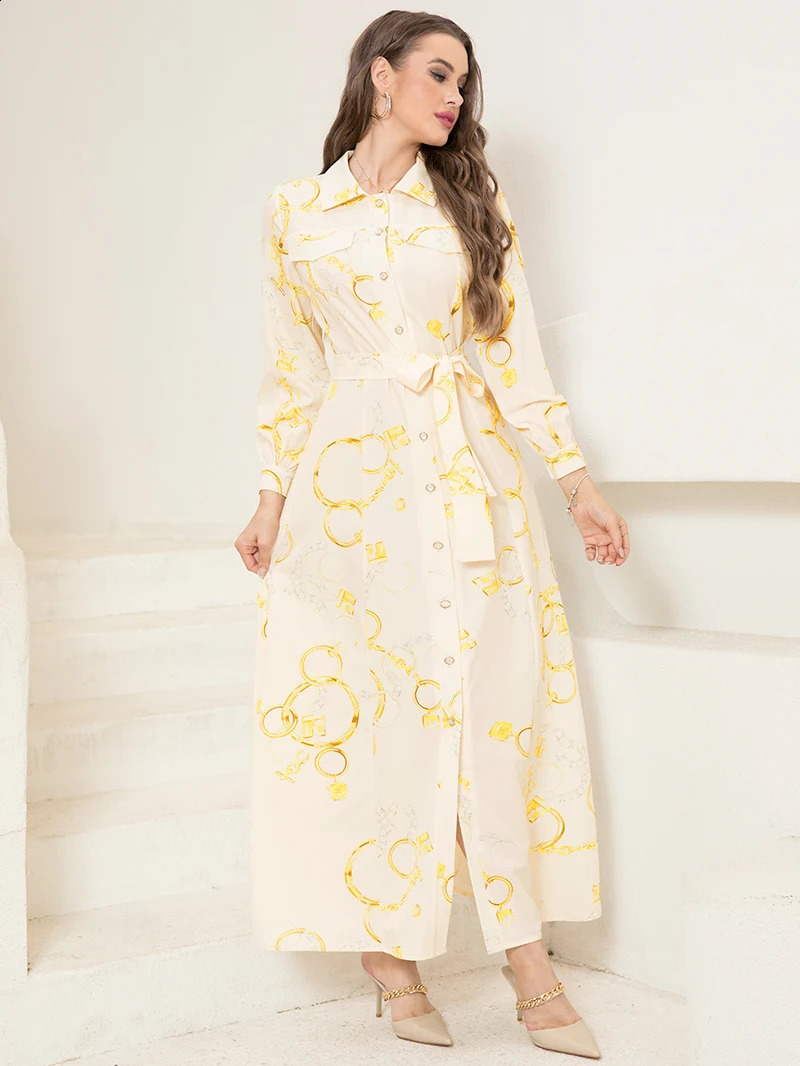 Elegant Long ShirtSleeve Dress with Chain Print n Belt Pocket Sophisticated Collared Neck Button Details 250228