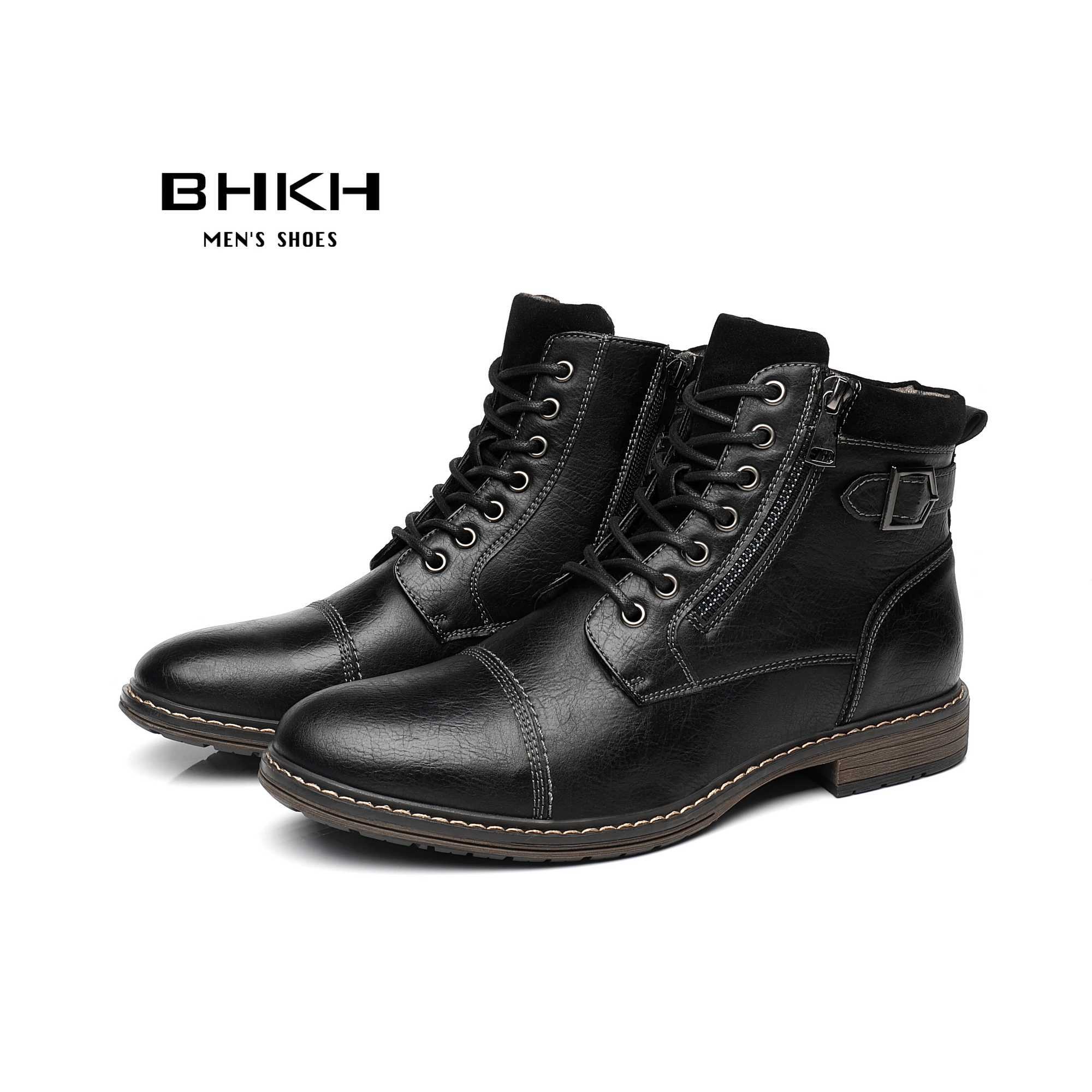 BHKH Mens Boots Winter Fashion Boots Zip Lace-up Ankle Boots Vintage Business Dress Shoes Leather Casual Shoes For Men Z250303