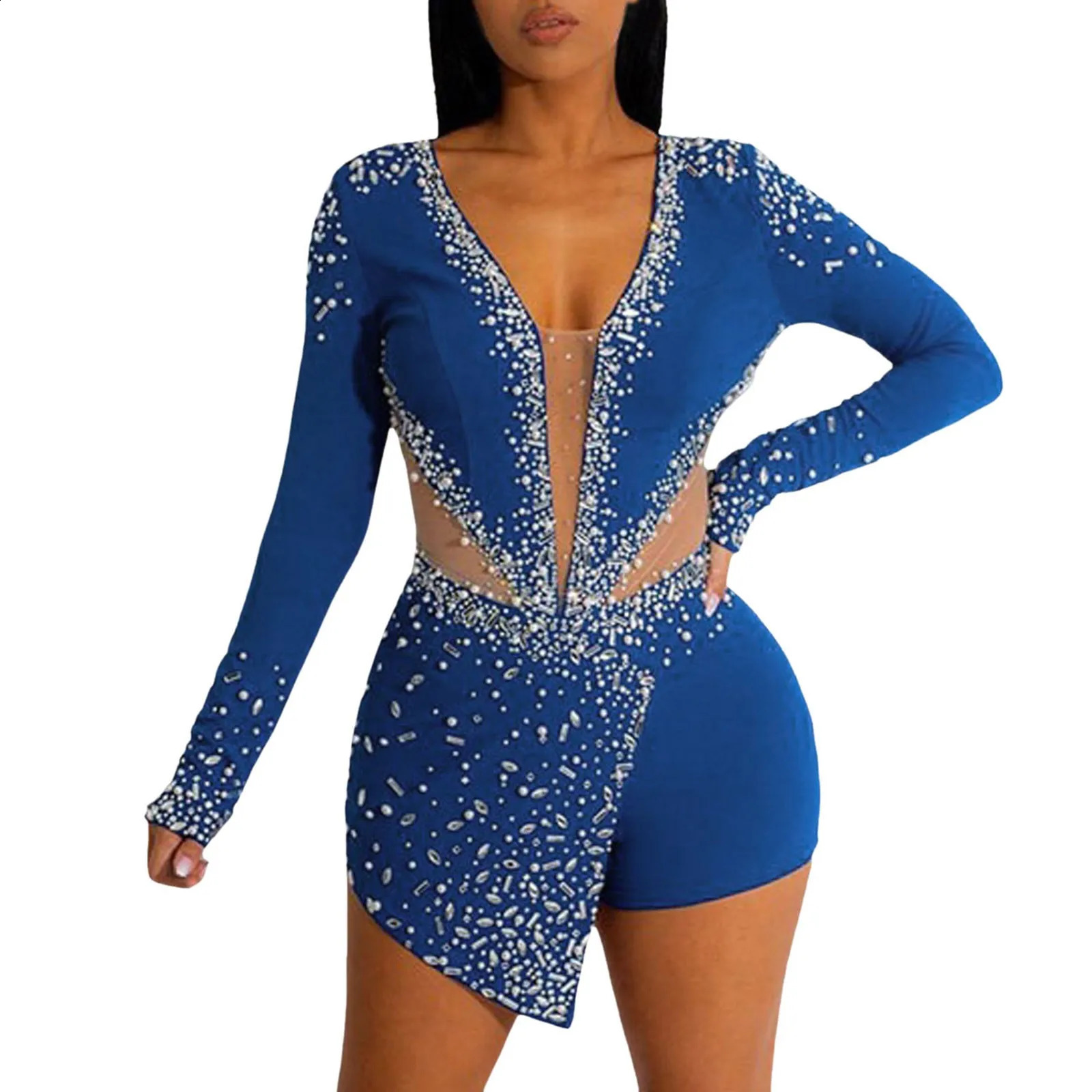 Sexy bodysuit with mesh stitching rhinestone deep Vneck long sleeved top sequined glitter nightclub party jumpsuit 250228
