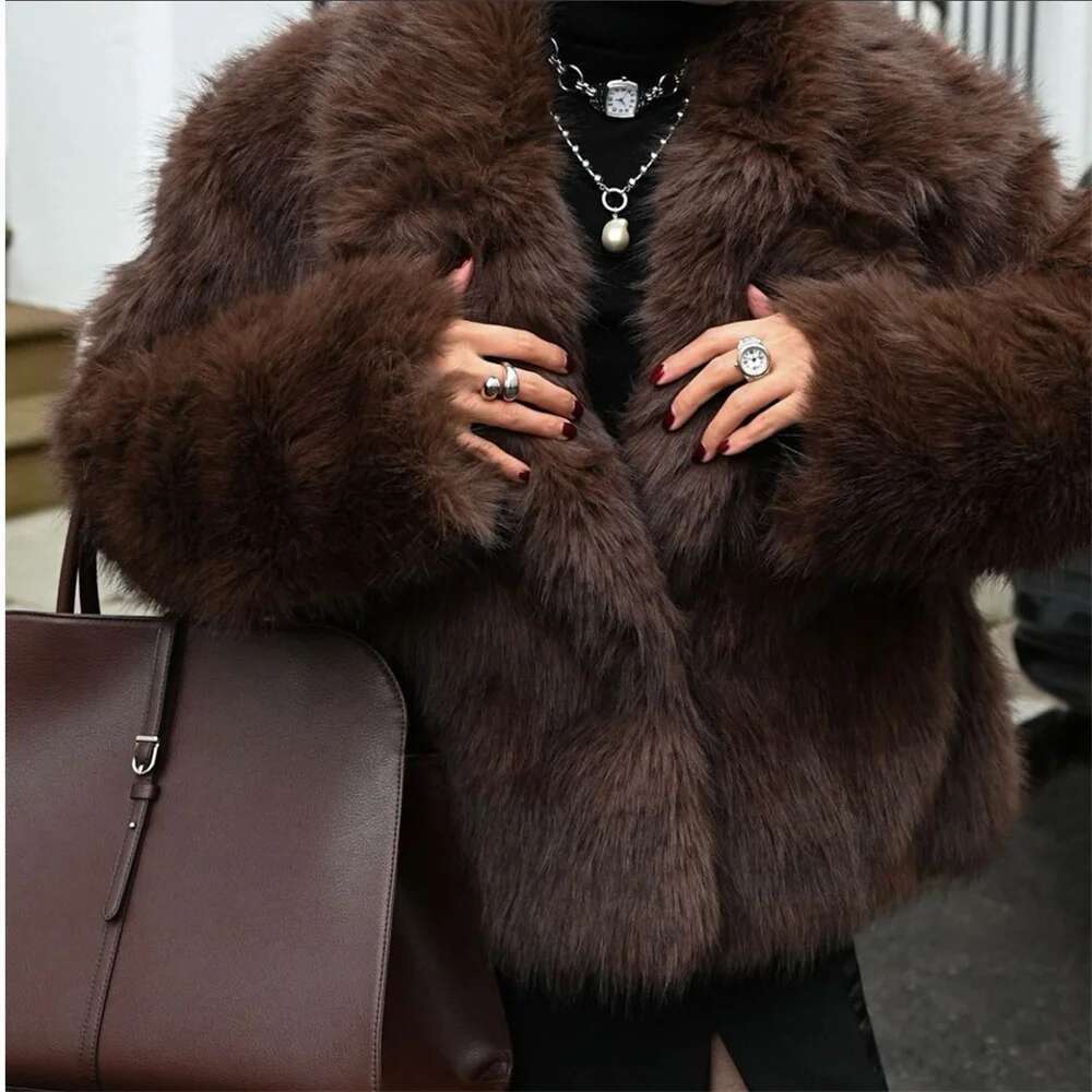 Fashion Girls Brown Fluffy Short Faux Fox Jacket Women Winter 2024 Hot Brand Thick Warm Eco Fur Coat Female