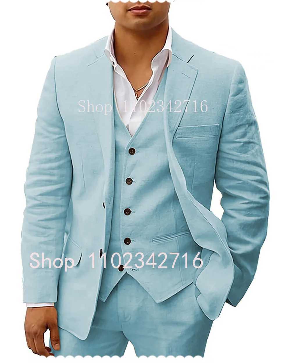 3 Piece Linen Summer Men Suits for Wedding Groom Tuxedos Casual Beach Custom Man Suit Set Jacket Vest with Pants Man Fahion M250303
