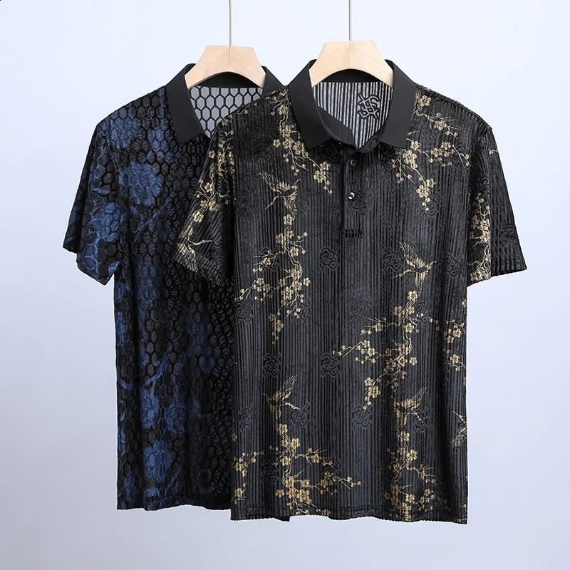 Blue Floral Mesh Hollow Polo Shirts For Men Short Sleeved Fashion Summer Quality Velvet Soft Comfortable Silky Mens Shirts 250228