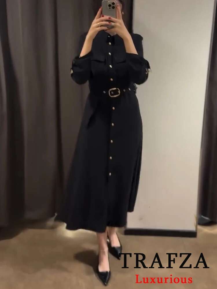 TRAFZA Vintage Women Black Solid Turn-Down Collar Single Breasted Belt Vestidos New Fashion 2024 Autumn Chic Dress