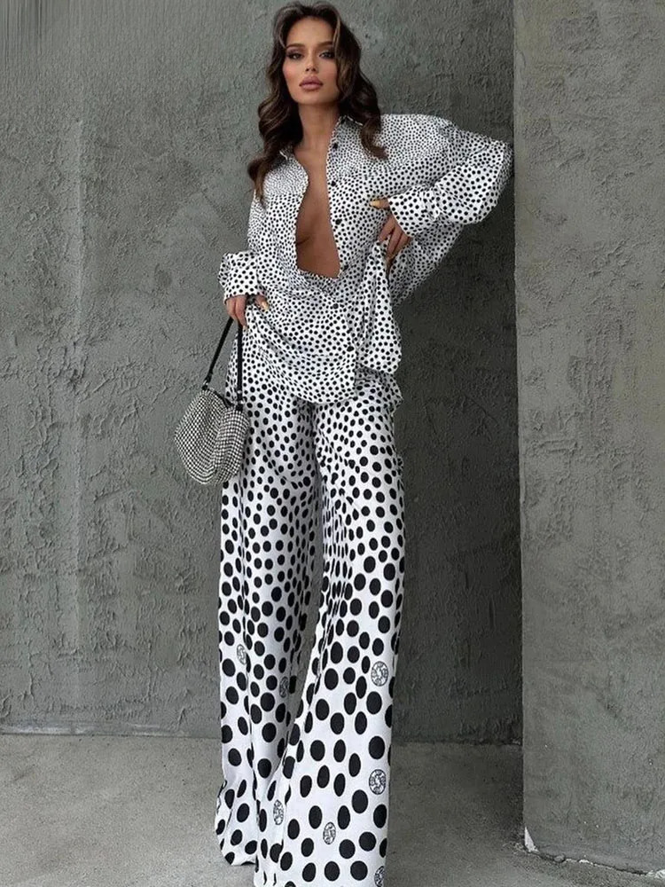 Casual Loose Print 2 Piece Sets Women Long Sleeve Button Shirts And High Waist Wide Leg Pants Matching Suit Chic Streetwear