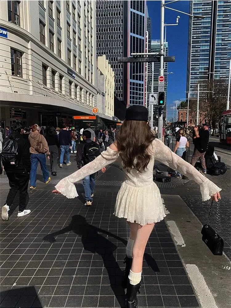 Pure and Sweet Short Skirt with Waist Slim Korean n Flare Sleeve Lace Offshoulder Dress for Women 250228