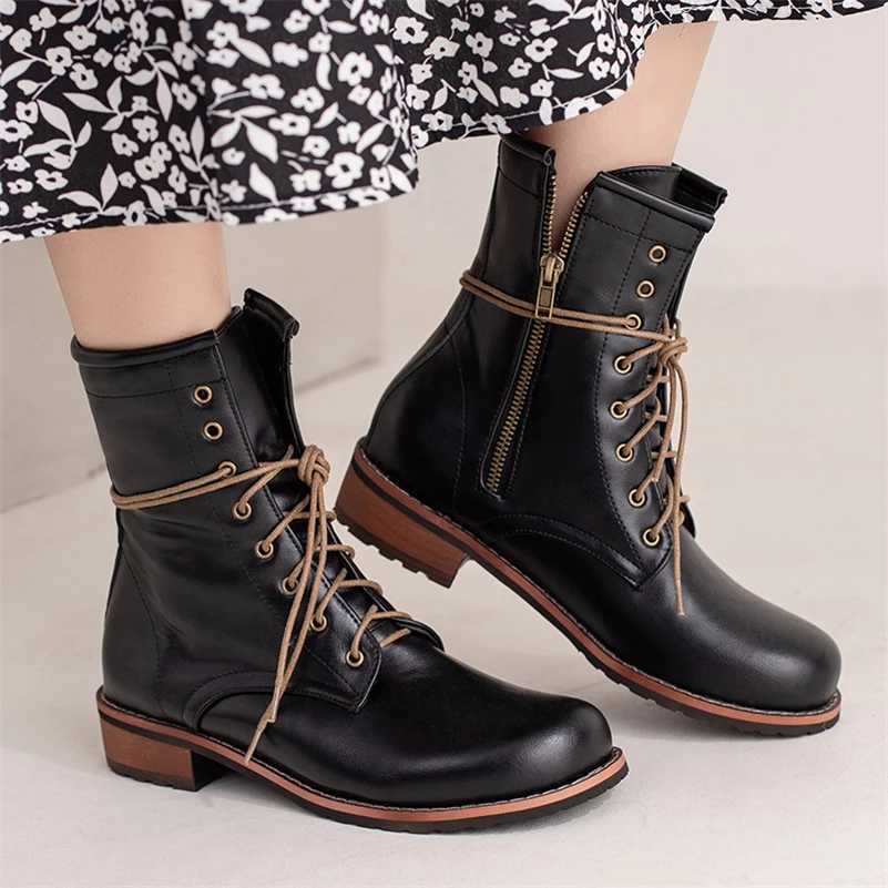 FOREADA Womens Short Ankle Boots Round Toes Flat Lace Zipper Combat Boots Womens Fashion Shoes Winter Black Beige Brown 46 Z250303