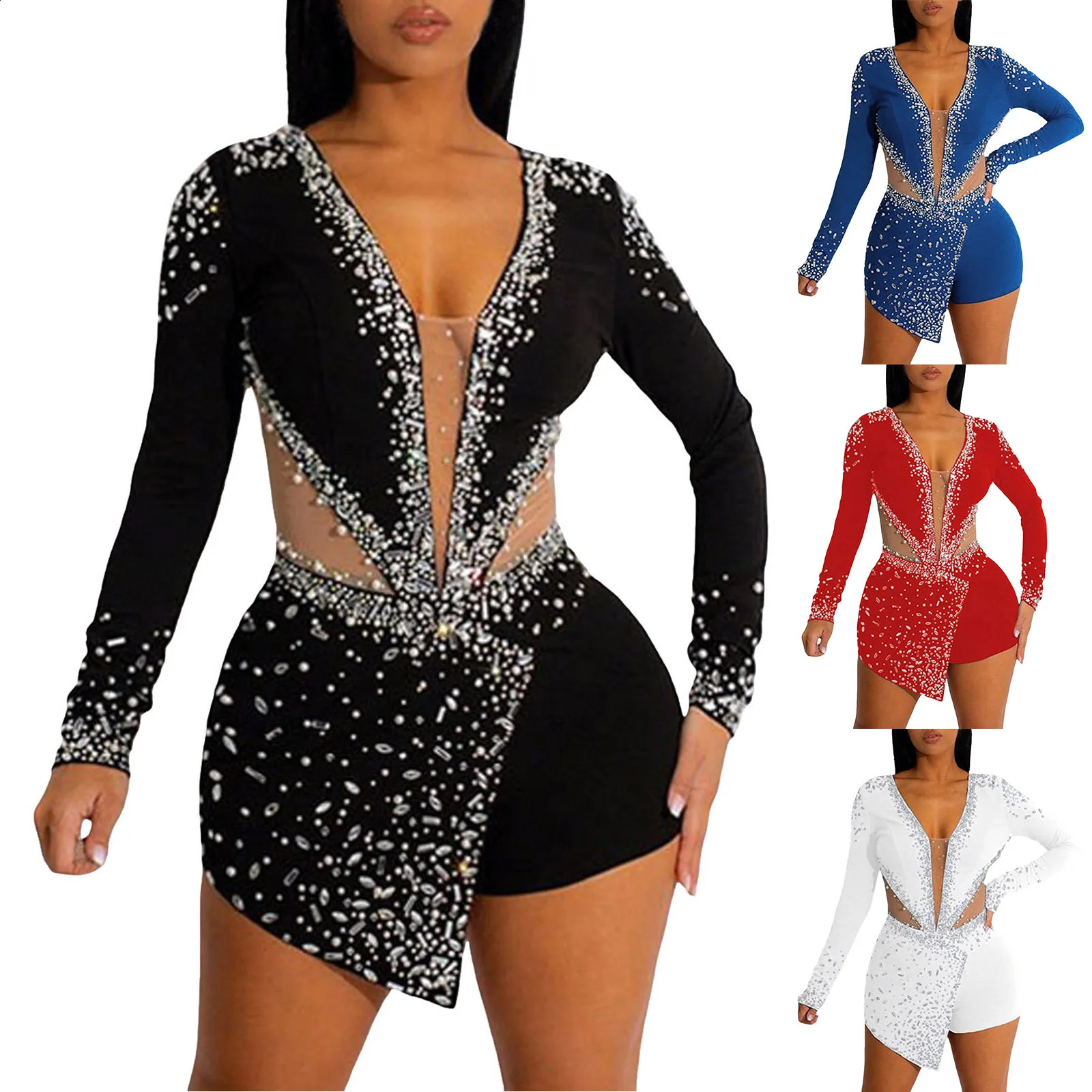 Sexy bodysuit with mesh stitching rhinestone deep Vneck long sleeved top sequined glitter nightclub party jumpsuit 250228