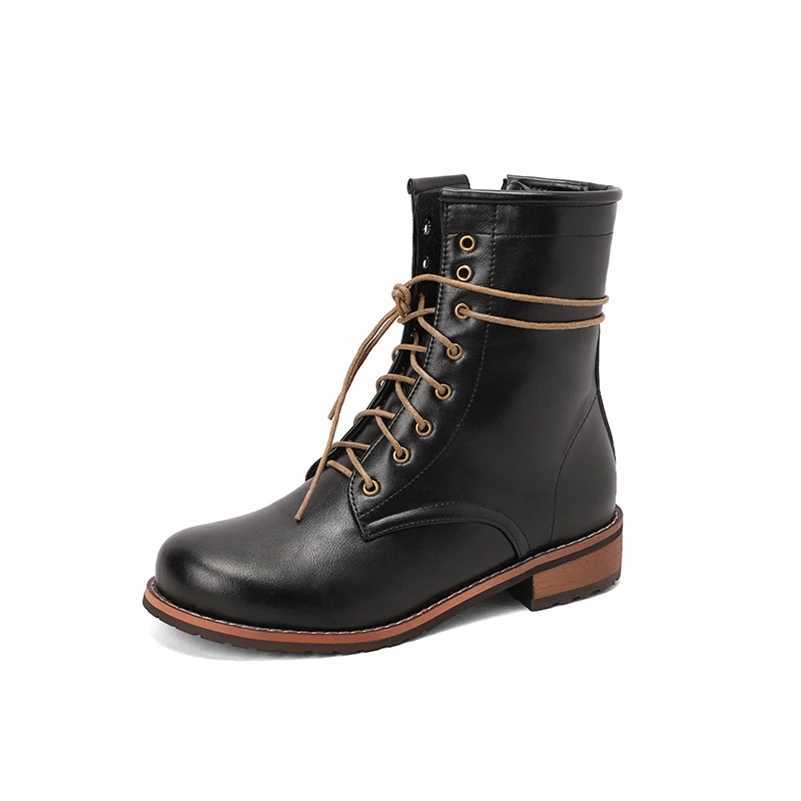 FOREADA Womens Short Ankle Boots Round Toes Flat Lace Zipper Combat Boots Womens Fashion Shoes Winter Black Beige Brown 46 Z250303