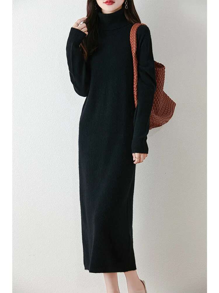 Autumn Winter Women's Turtleneck Sweater Dress Basic Pullover Casual Cashmere Skirt 100% Merino Wool Knitwear Soft Clothing