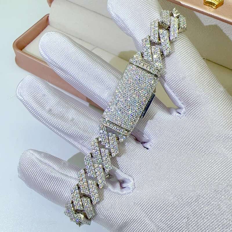 Hiphop 13mm D Color Moissanite Cuban Bracelet Necklace for Men Fine Jewelry White Gold Plated Maimi Chain Bracelets Bangle Gift