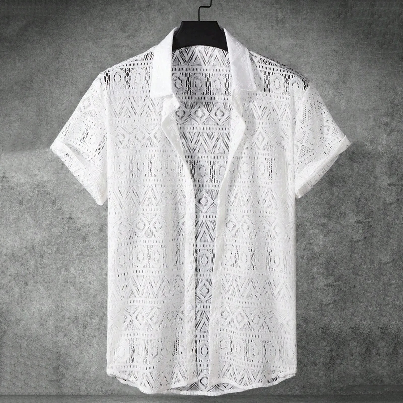 Mens Hollow Out Lace Shirts Short Sleeve Lapel Button Down Shirt Blouses Summer Lace Breathable White Blouses Tops Streetwear 250224