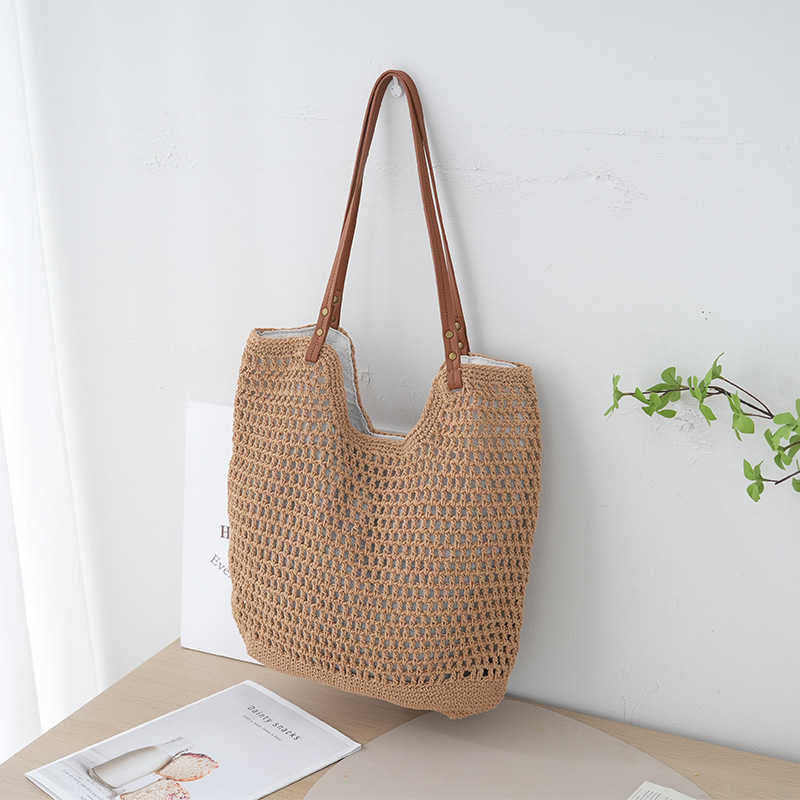 Beach vacation bag, women's bag, leisure hollow shoulder cotton thread woven bag, lazy style hand-held grass woven bag