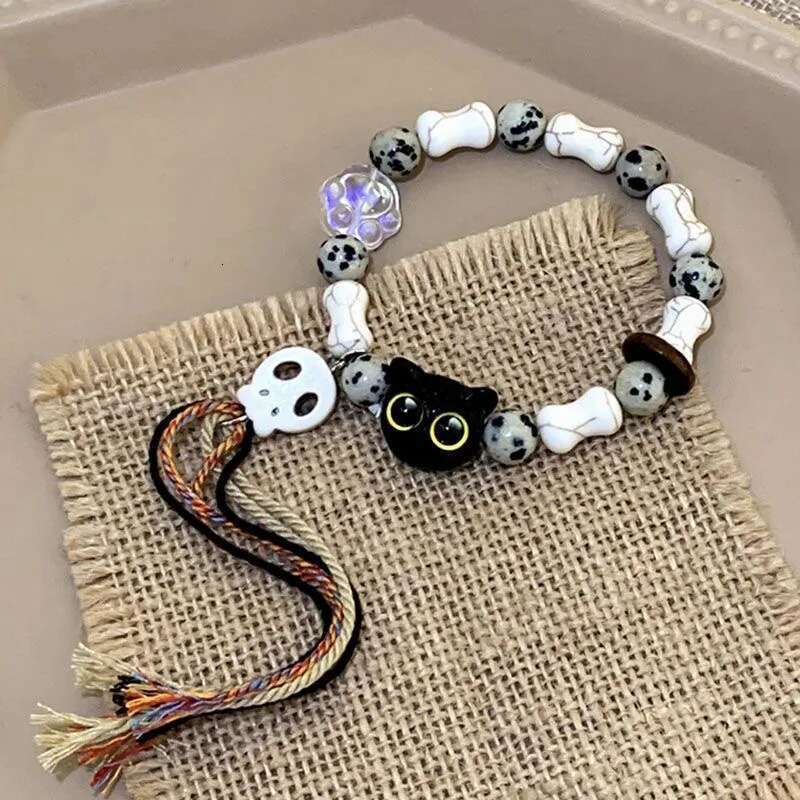 1/2PCS Tassels Big Eye Cat Bracelets for Women Men Sweet Cool Skull Ceramic Beaded Bracelet Aesthetic Party Jewelry Accessories
