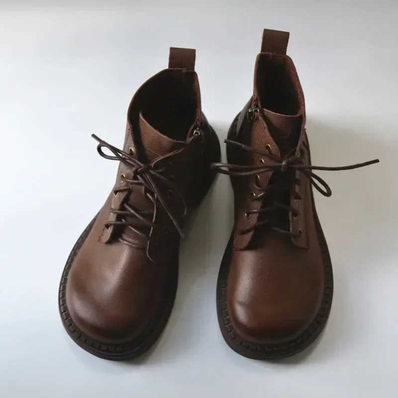 literary soft women boots genuine leather rubbing literary looseness wide toe fat feet booties big nose Z250303
