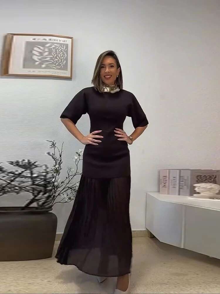 Women's Patchwork Pleated Dress Elegant O-Neck Half Sleeve Maxi Dressess 2025 Summer New Lady Fashion Female Vestidos