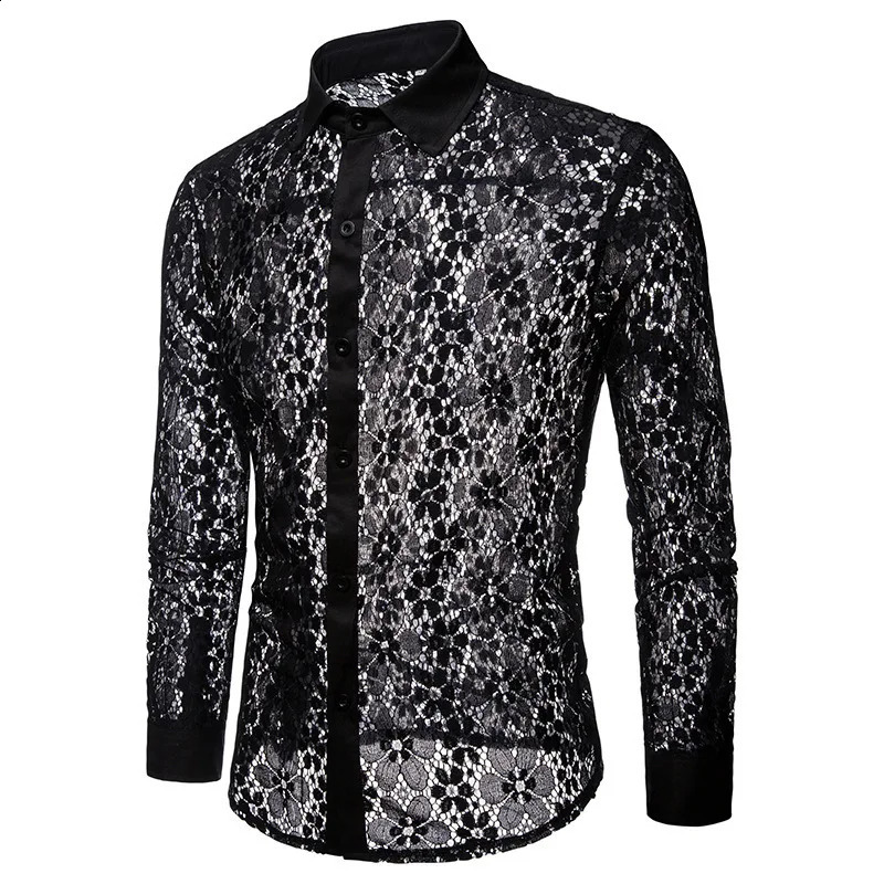 #4626 Black White Lace Mens Shirts Long Sleeve Sexy Thin Hollow Out See Through Clothes Party Night Club Dance Streetwear Shirts 250225