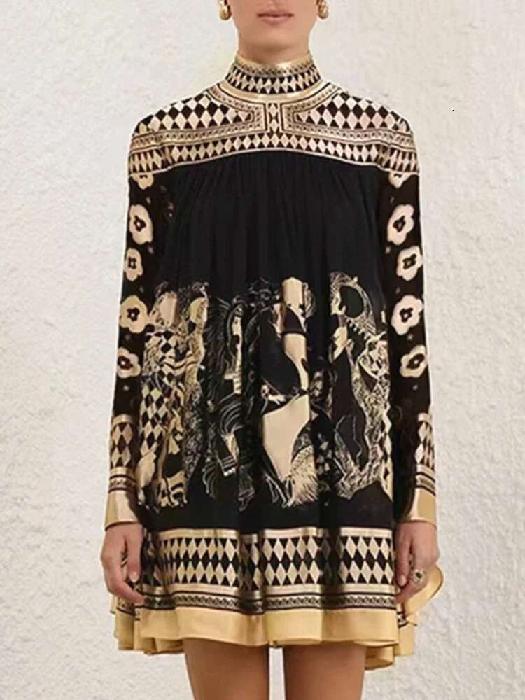 Gymystars Woman Formal A-E Evening New Printed Mock Neck Elegant Female Long Sleeves Mini Dresses
