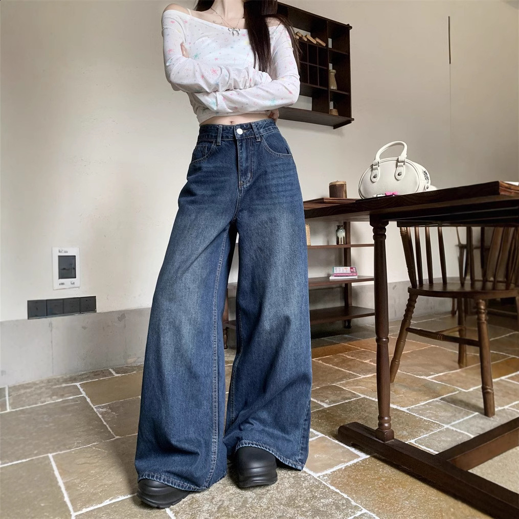 American washed wide leg jeans for women high waisted loose fitting straight leg pants with a hanging sensation floor length pants 250120